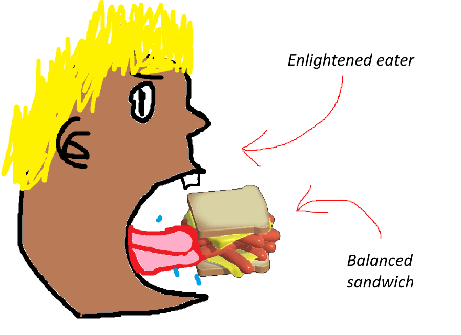 An enlightened eater devouring a balanced sandwich